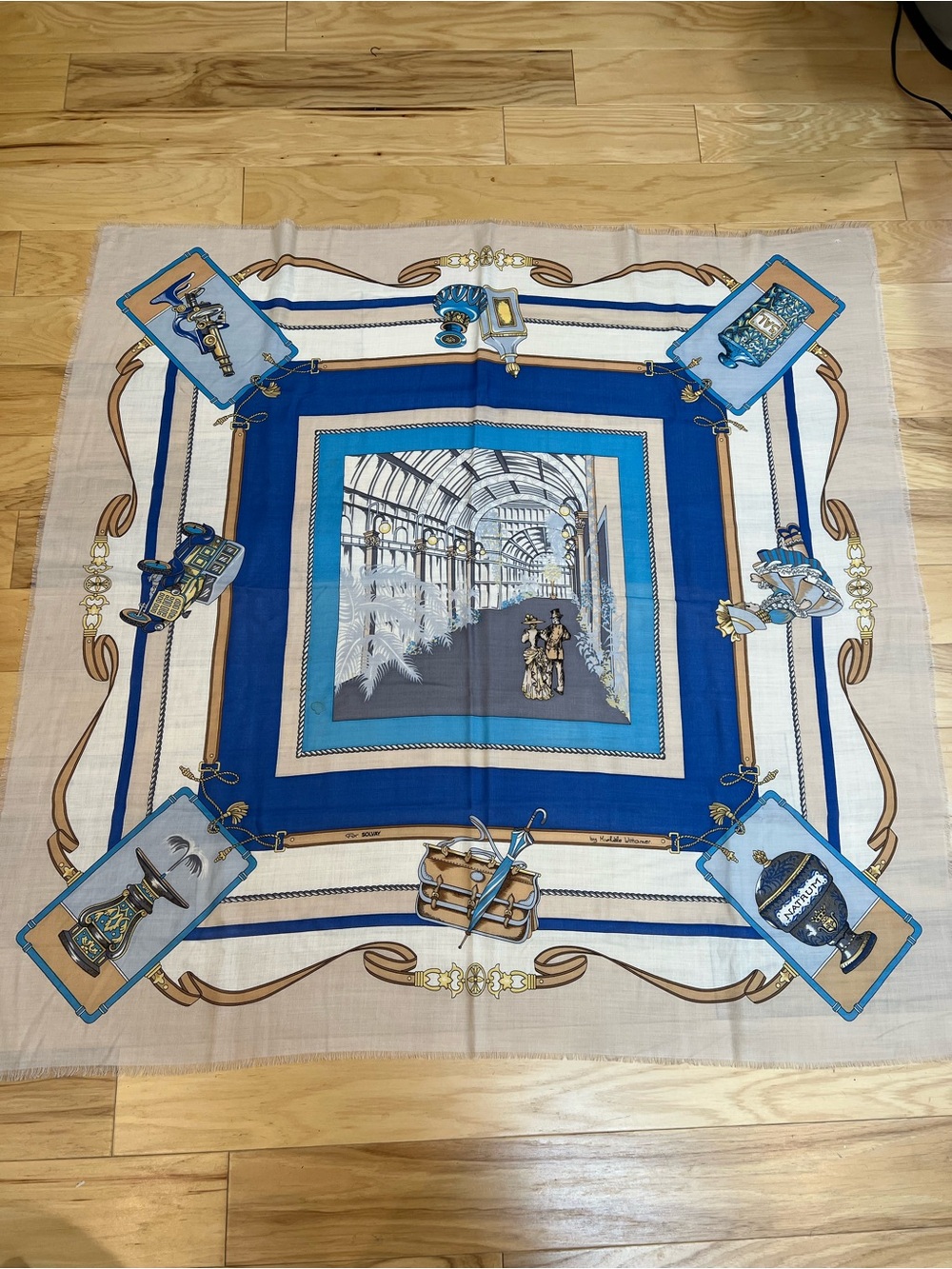 Blue and Cream Decorative -Style Square Scarf 52”X52”.